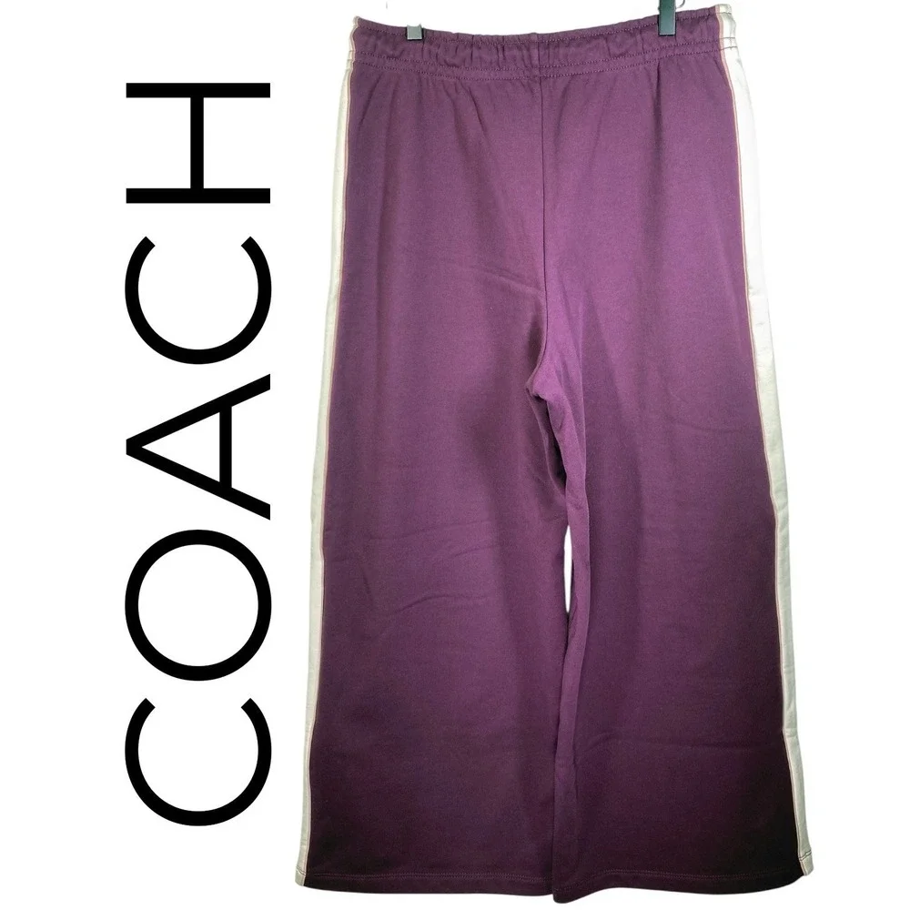 Coach NWT Sporty Wide Leg Cotton Track Pants Beet Purple Terrycloth Logo Women M
